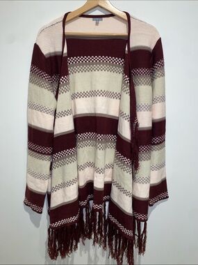 Charlotte Russe Burgundy, Cream & Taupe Striped Fringe Cardigan Sweater Size XL